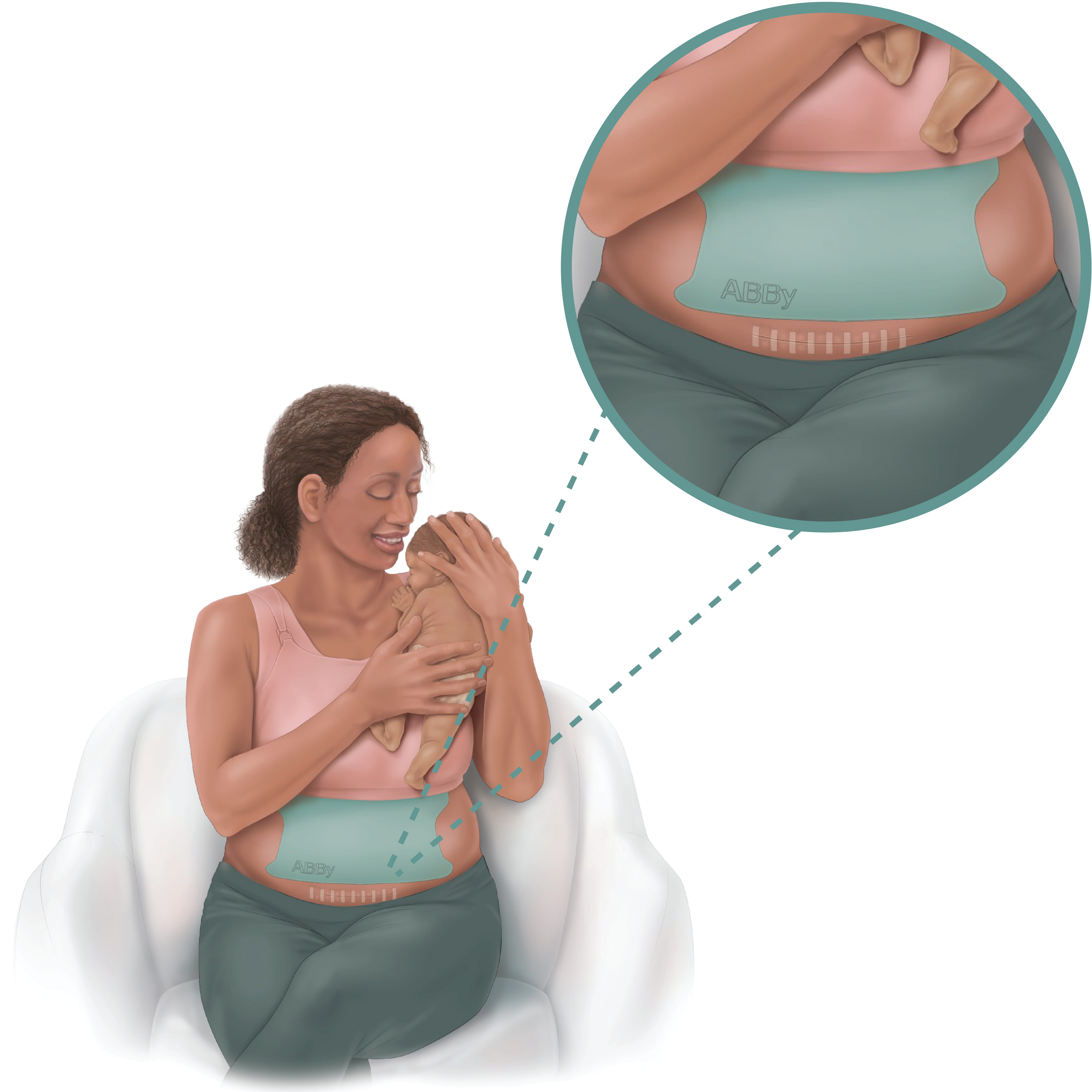 an illustration of a woman holding a baby with abby written on her stomach