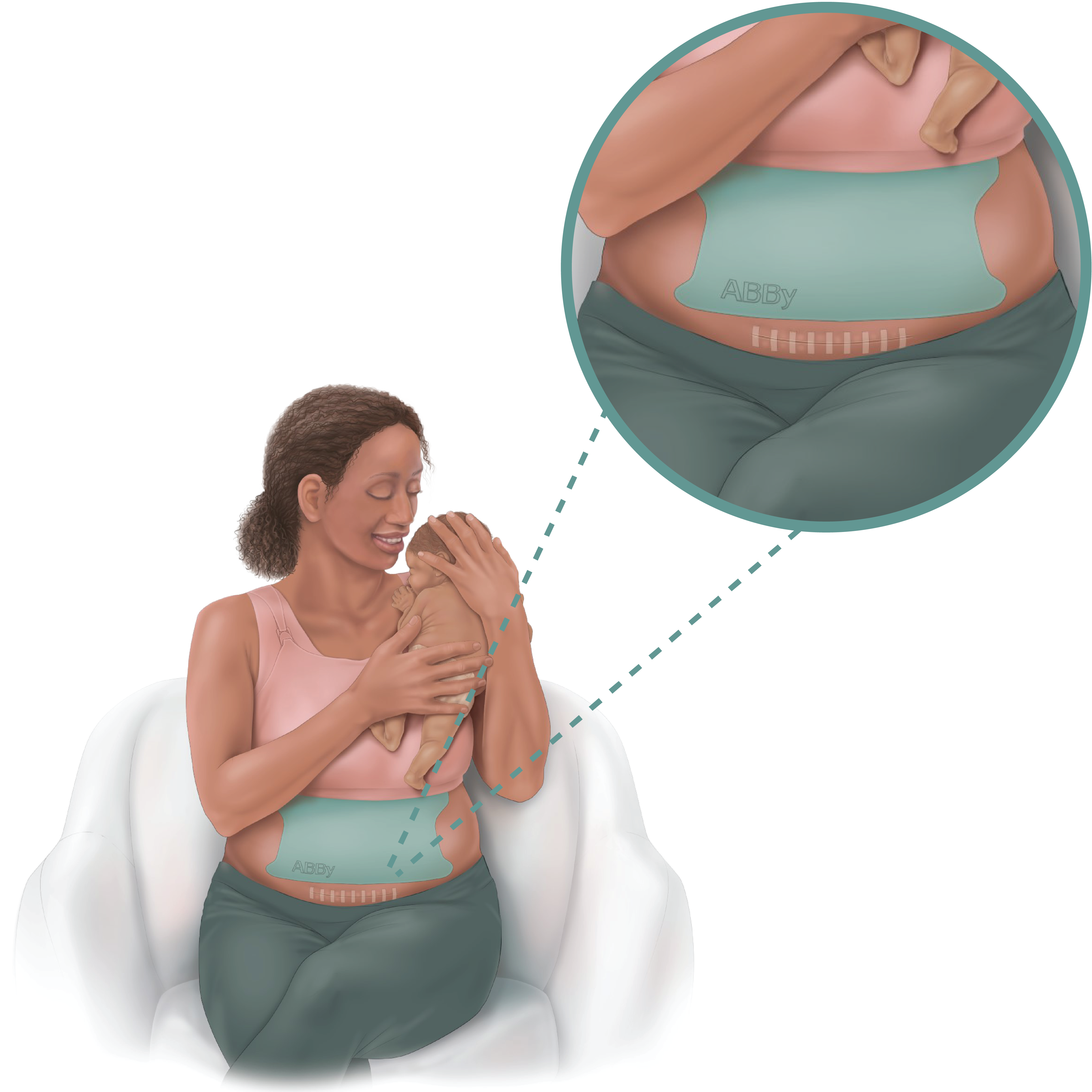 an illustration of a woman holding a baby with abby written on her stomach