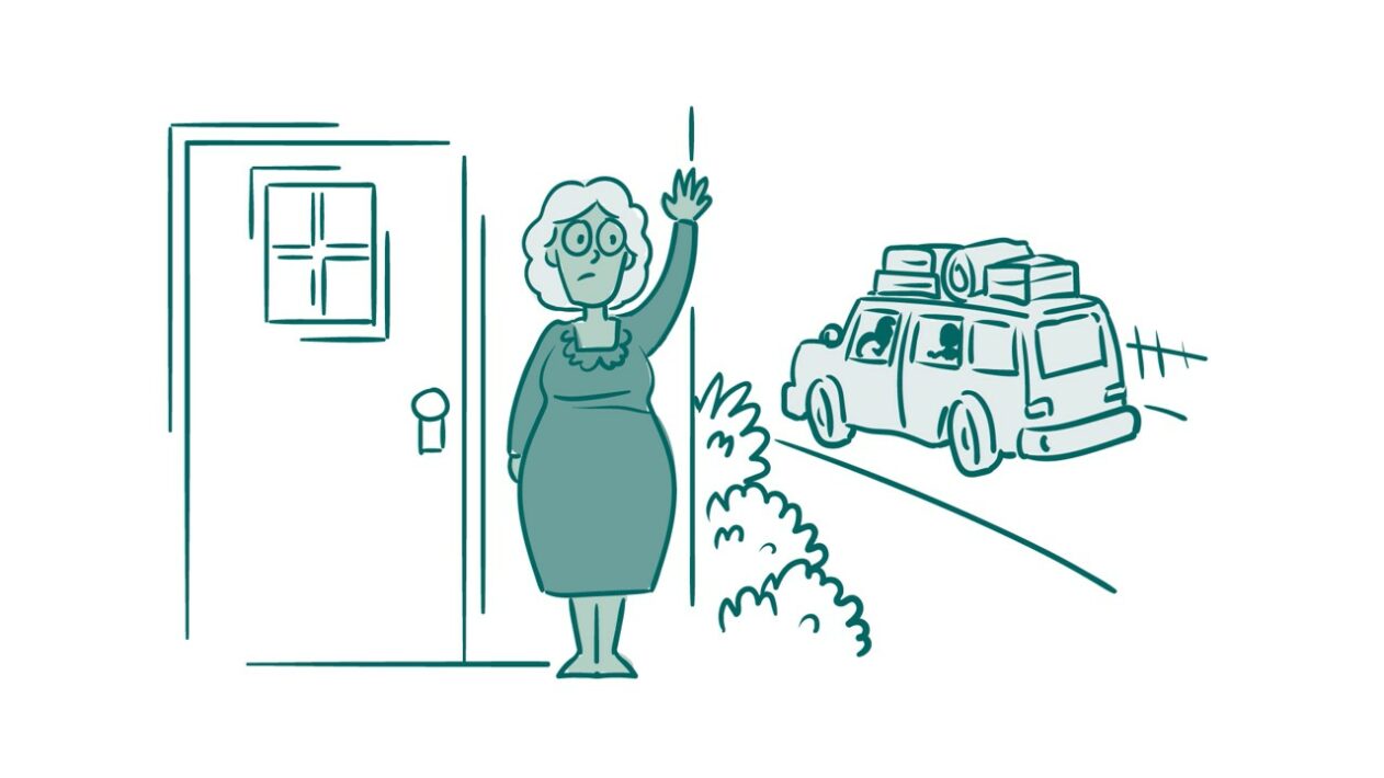 a cartoon of an elderly woman standing in front of a door