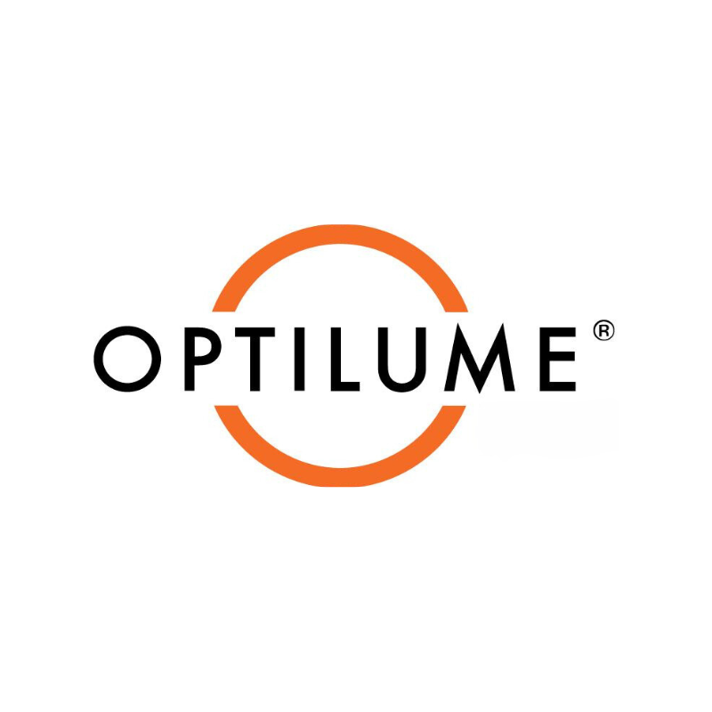 an orange and black logo for optilume on a white background