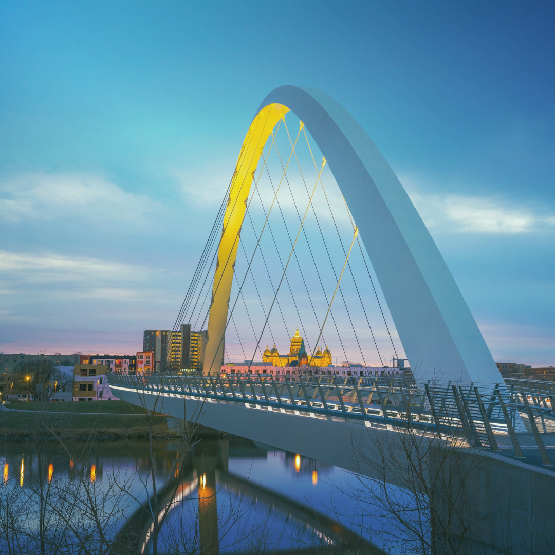 a bridge over a body of water with a city in the background